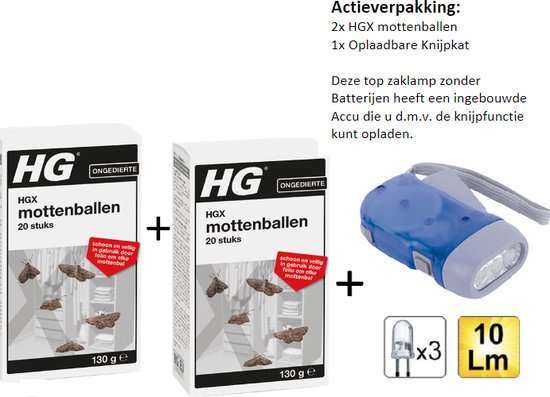 HGX mottenballen- 2 stuks + Knijpkat/Zaklamp