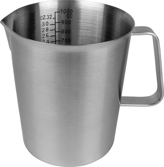 Krumble Maatbeker met schenktuit - Maatbekers - Meetbeker voor koken en bakken - Maatkan - Kookgerei - Mengbeker - Blender beker - RVS - 1 Liter - 12 x 15 x 13 cm (Ixbxh) - Zilver