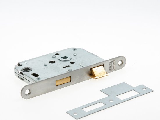 Metalen deurslot met messing nachtschoten, met sluitplaat.