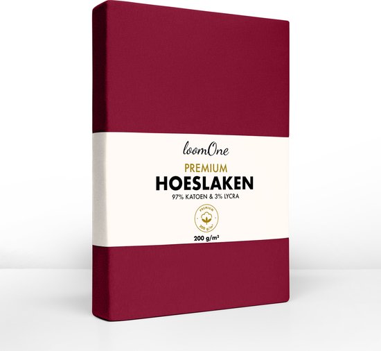 Loom One Premium Hoeslaken – 97% Jersey Katoen / 3% Lycra – 200x220 cm – tot 35cm matrasdikte– 200 g/m² – voor Boxspring-Waterbed - Wijnrood
