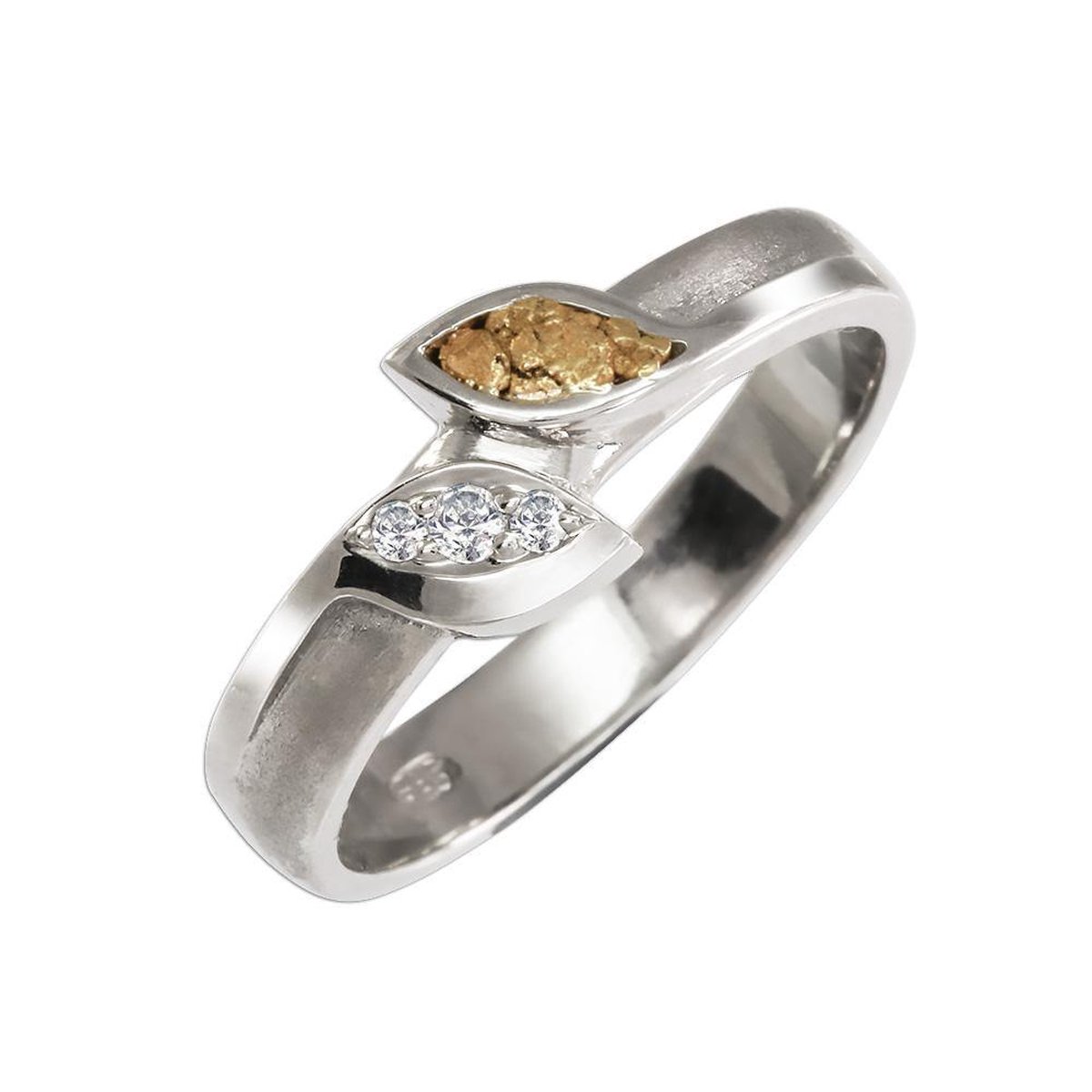 AuBor®. Wit-gouden ring met bladeren van goud en diamant. 21.5mm