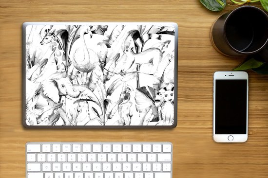 Sticker pour ordinateur portable - 14 pouces - Aquarelle animaux et plantes de la jungle sur fond blanc - noir blanc