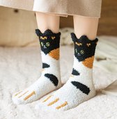 Fluffy Sokken Dames - huissokken - bruin / wit / zwart - met gezicht / oortjes - 36-40 - dikke winter sokken - extra