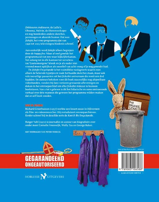 Achterkant Jiskefet Encyclopedie: blauwe achtergrond met silhouetten van de typetjes, een haas en paarse jassen.
