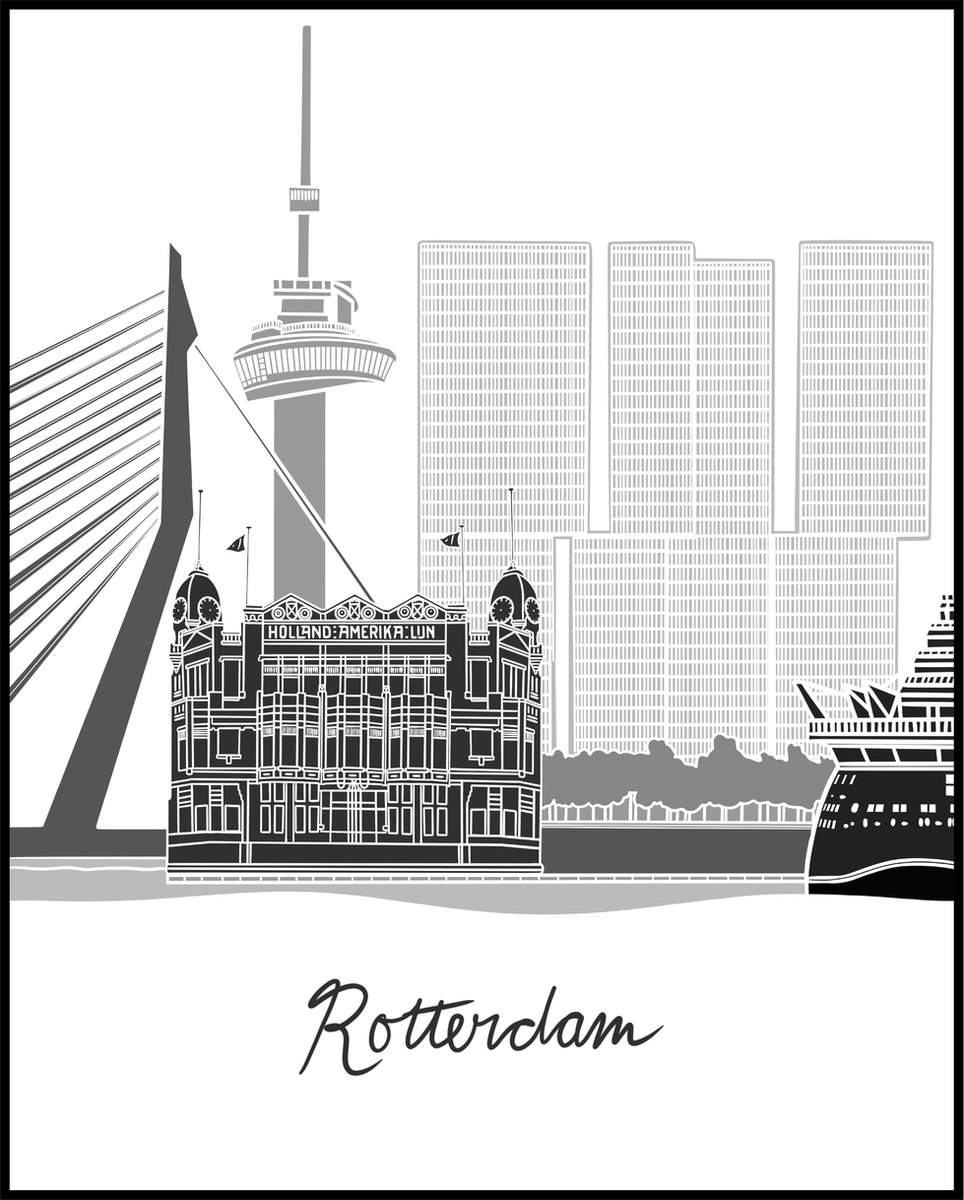 Esque Poster Rotterdam - Zwart Wit - Skyline - Stadsgezicht - Erasmus Toren - 50x40