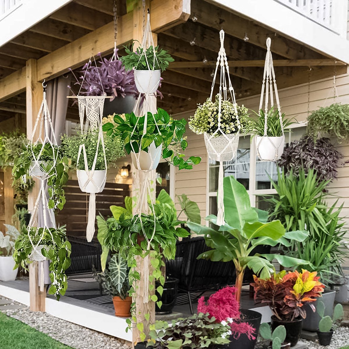 5-Delig Luxe Macramé Plantenhangers Set - Boho Handgeweven Katoen Hangpot voor Binnen/Buiten - Hangende Bloempot met Kralen - Plant Houder - Bohemian Wandhanger Decoratie - Tuin Hanger Bloempothouder Planthanger — afbeelding 8