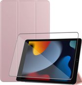 iPad 10.2 Hoes Smart Cover Hoesje Rose + iPad 2021 Screenprotector Beschermglas