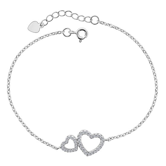 Juwelier Emo - Dubbele Hart hanger Armband Zilver met Zirkonia’s – Zilver 925 – 16.5 + 3 CM