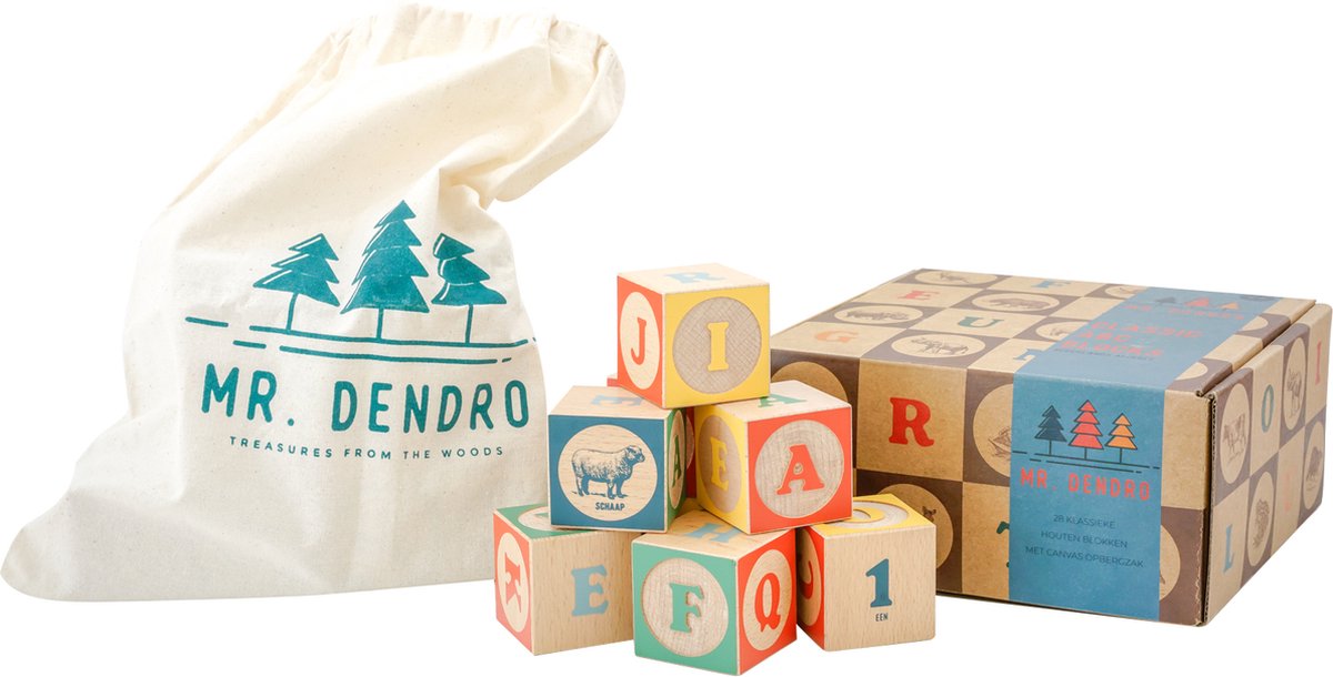 Mr. Dendro - Houten Blokken ABC met opbergzak - Nederlands alfabet - houten speelgoed 2 jaar