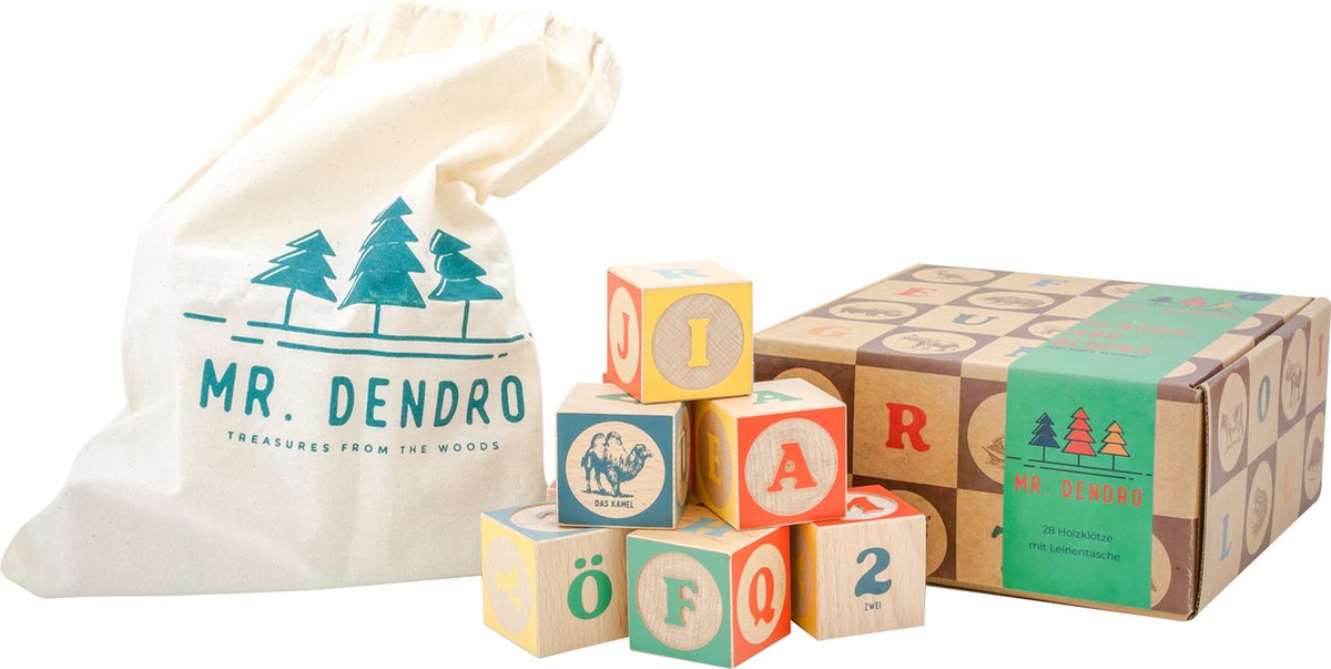 Mr. Dendro - Houten Blokken ABC met opbergzak - Duits alfabet - houten speelgoed 2 jaar