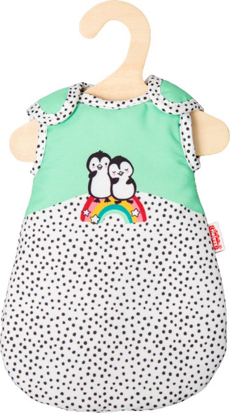 Mingroene poppenslaapzak met stippenprint, twee pinguïns op regenboog. Voor poppen van 20-25 cm.