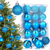 Kerstversiering, 24 stuks 4 cm kerstballen met hanger, kerstboomversieringsset, kerstballen set kerstversiering (blauw)