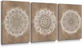 SUMGAR | Mandala Canvas Schilderijen | 3 Stuks | Boho Wall Art | Koffie Bruin Print | Bloem Schilderij Bloemen | Indiaas Boheems Patroon | Ingelijst | Modern Kunstwerk | voor Woonkamer | Slaa