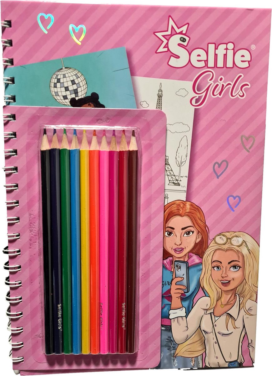 Selfie Girls Kleurboek met kleurpotloden - Roze - Hardcover - Papier - 118 Stickers - 40 Kleurplaten - 29 x 21 cm