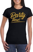 Party time t-shirt zwart met gouden glitter tekst dames  - Glitter en Glamour goud party kleding shirt M