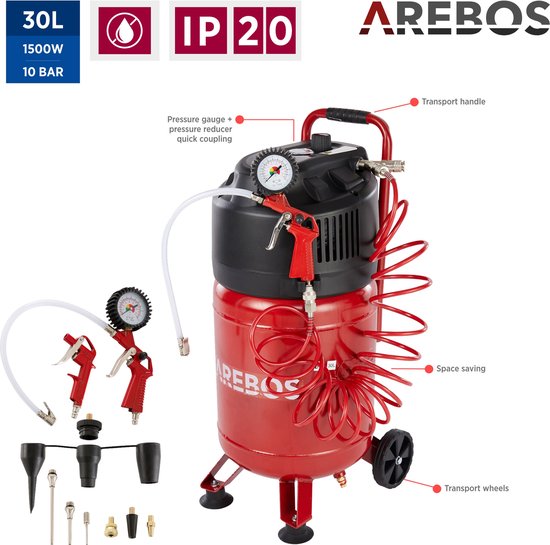 Arebos Perslucht compressor luchtcompressor 1500W | 30L | 10 bar | staand | incl. 13-delig toebehoren | 2 snelkoppelingen | onderhoudsarm | automatische uitschakeling | stabiele wielen Arebos Perslucht compressor luchtcompressor 1500W | 30L | 10 bar | staand | incl. 13-delig toebehoren | 2 snelkoppelingen | onderhoudsarm | automatische uitschakeling | stabiele wielen