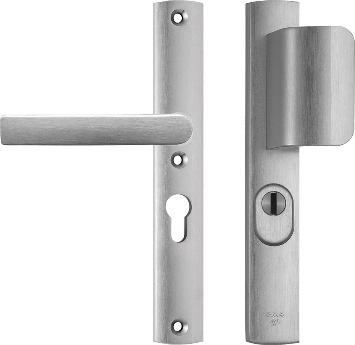 AXA Veiligheidsbeslag (Curve Plus) Smal Aluminium geslepen: Duwer-Kruk (model D-duwer/Blok) PC55 met kerntrekbeveiliging SKG***