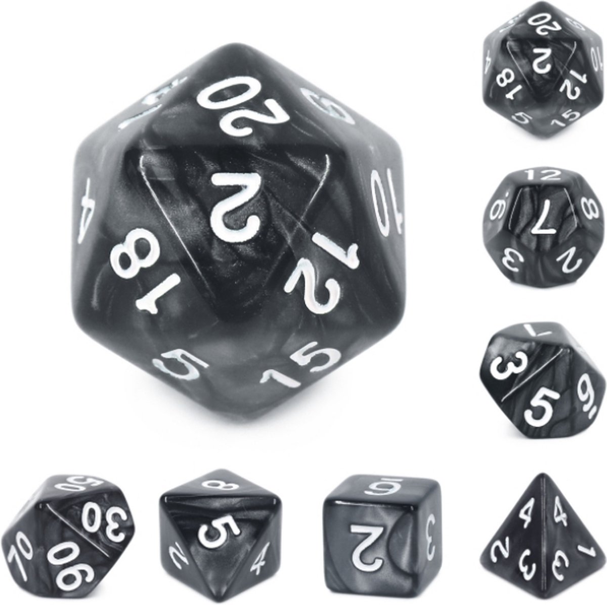 Polyset Dice | Dobbelstenen - Set Van 7 Stuks - Zwart Marmer Parelmoer Wit | Voor D&D en Andere Rollenspellen | Plastic Dobbelstenen Set voor Dungeons and Dragons | Polyhedral Dice Set | Met Mooie Zwarte Velvet Dice Bag voor Ongeveer 3 Sets