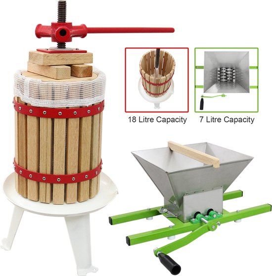 NAIZY Fruitpers, handmatige fruitmolen, 6 liter, wijnpers met houten