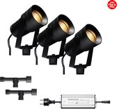 (Complete set) - 3 x LED Prikspot Lagos IP65 - 10 watt - 24v - Warmwit licht - & - 2 x Kabelverbinder T waterdicht - 24 v - & - 1 x LED Hamulight transformator 100w - 24v | Tuinverlichting | 