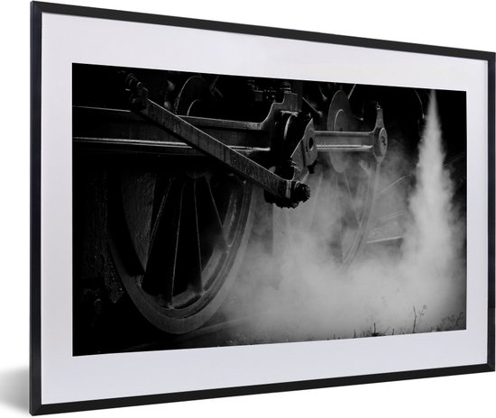 Fotolijst incl. Poster - De wielen van een stoomlocomotief in zwart-wit - 60x40 cm - Posterlijst