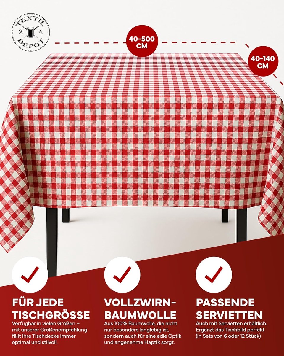 Geruite tafelkleden van 100% katoen in verschillende kleuren en maten