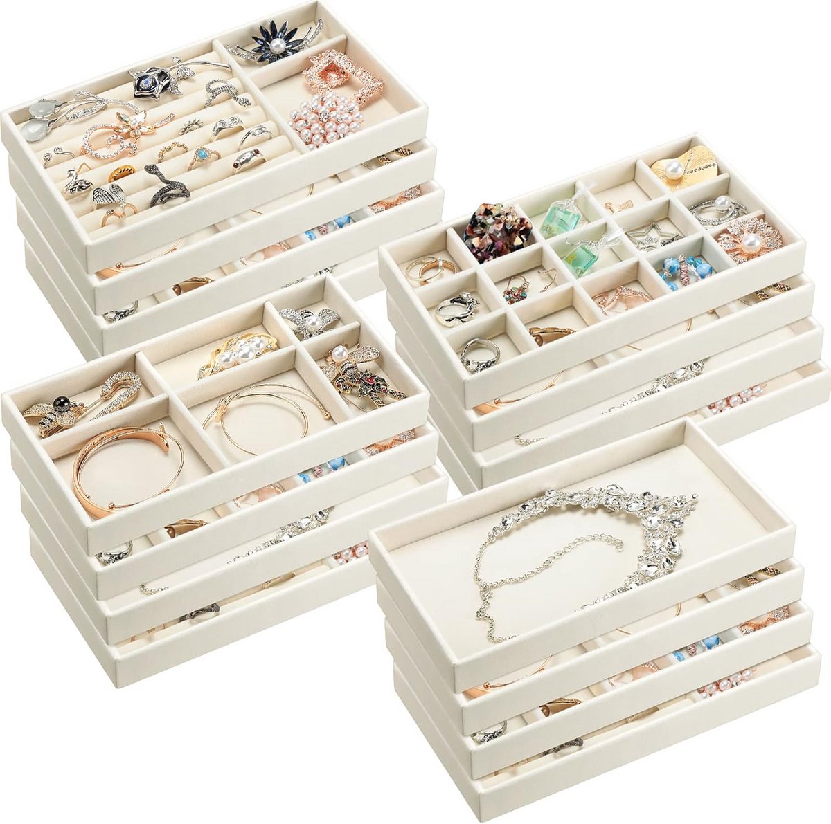 16 Stuks Stapelbare Sieraden Organizer Trays - Fluwelen Sieraden Lade Inserts voor Oorbellen