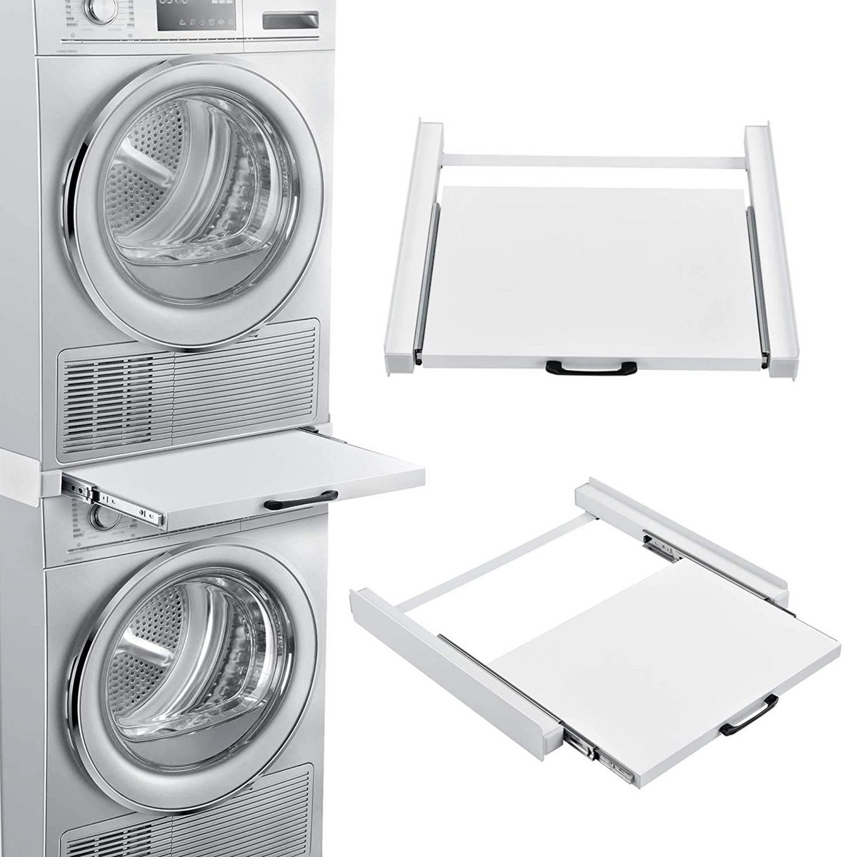 Universele stapelkit voor wasmachines en drogers met uittrekbare plank en spanband