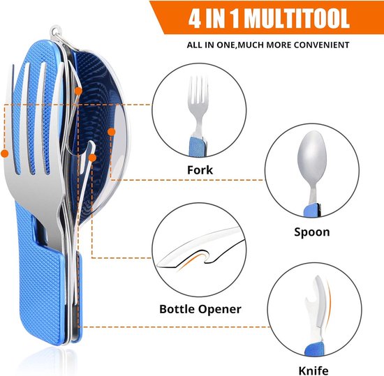 Opvouwbaar bestek - reisbestek - 3-in-1 mes, vork en lepel - kampeerbestek - kampeeraccessoires - geschikt voor thuis, kamperen, picknicks en wandelen - blauw - 18 cm - afmetingen opgevouwen: 10,1 x 2,2 x 1,1 cm — afbeelding 4