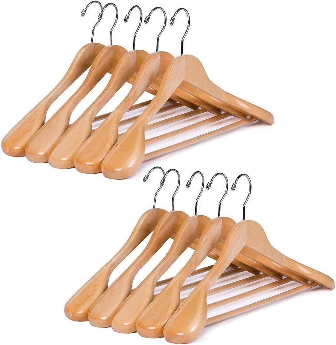 Houten Kleerhanger Set van 10 met Antislip en Brede Schoudersteun