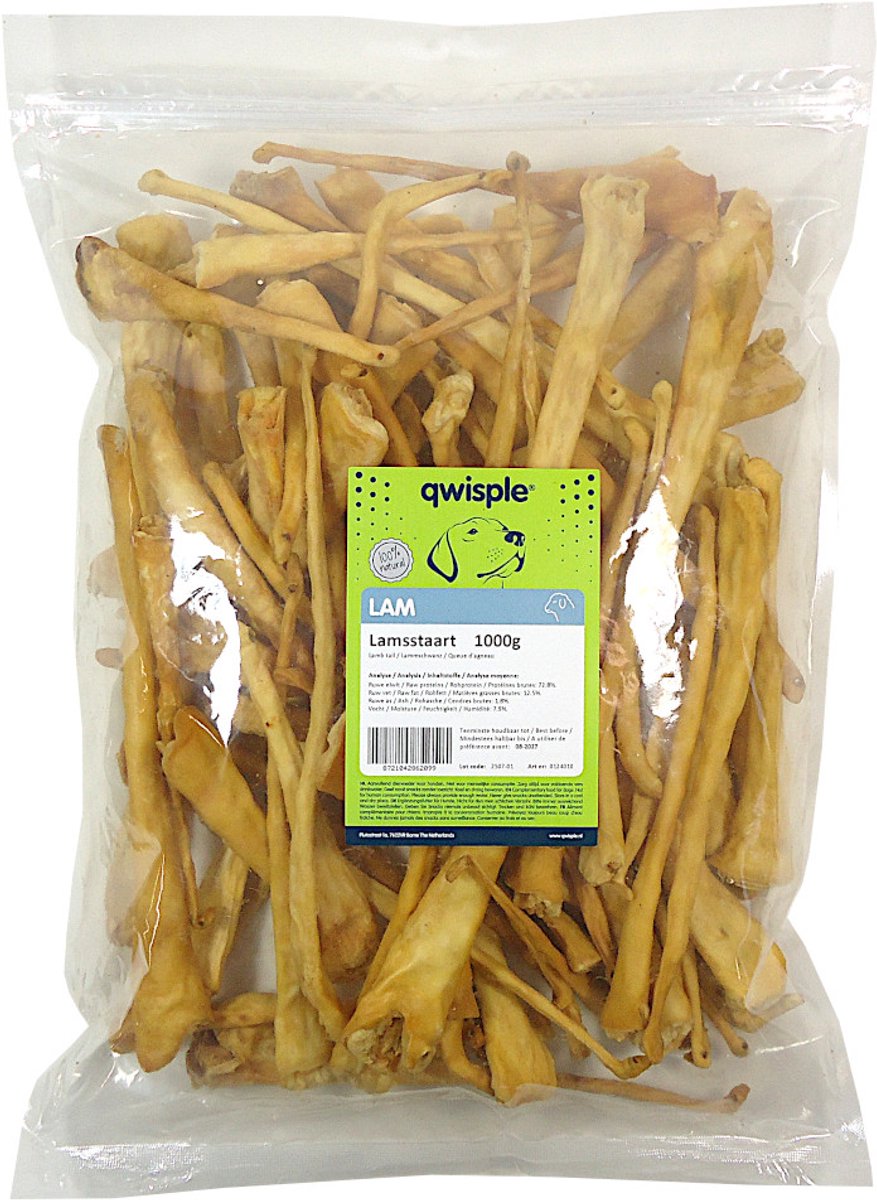 Qwisple Lamsstaart - Gedroogde Natuurlijke Hondensnacks Lam - 1000 gr