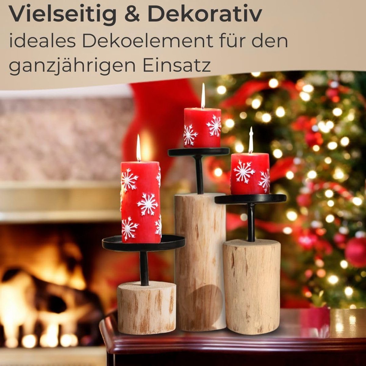 3-delige kandelaarset van eucalyptushout en metaal voor stompkaarsen - stijlvolle tafeldecoratie — cadeau in Wonen & Interieur - foto 4