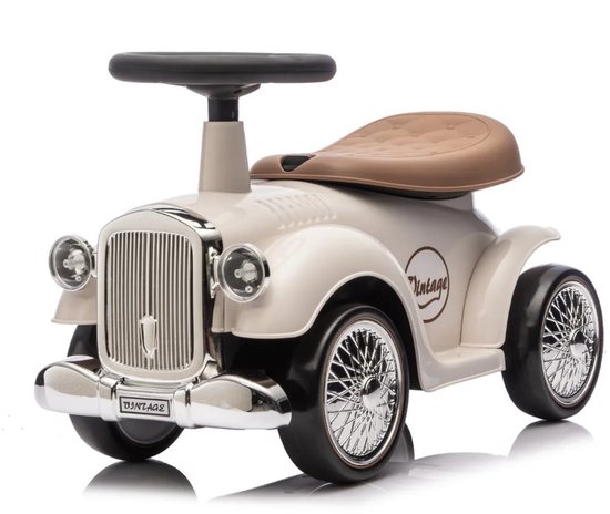 VROOOMY Classic 1930 Retro Loopauto 1 tot 3 jaar – Oldtimer Loopauto met EVA-rubberen banden & Claxon – Binnenspeelgoed Peuter met Blokstandaard & Cadeaubox – Wit