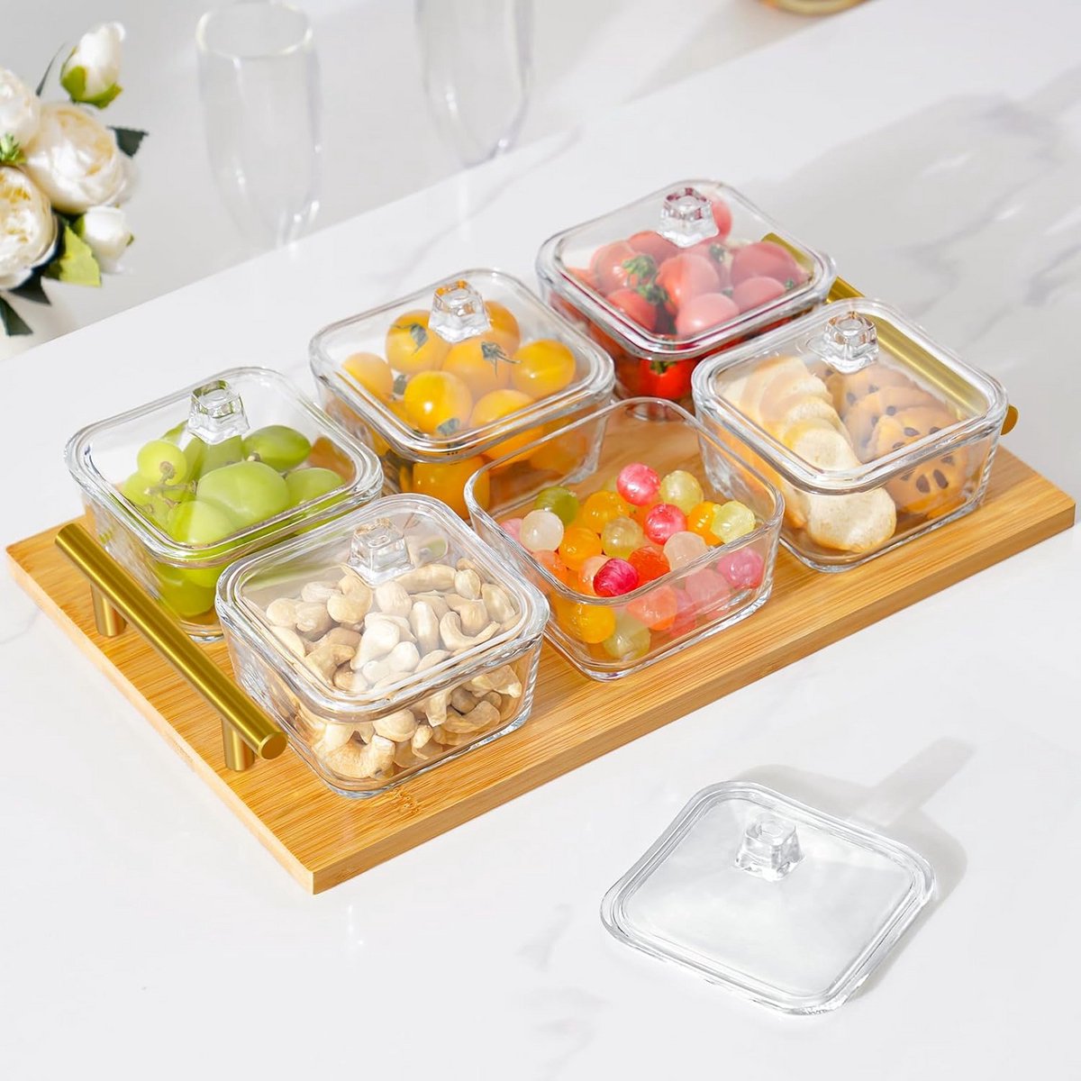 Glazen Serveerplaten met Bamboe Dienblad Set