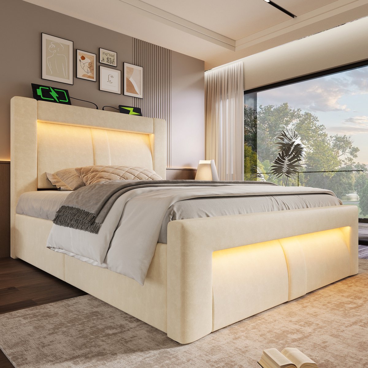 Wishdor Eenpersoonsbed 90x200 cm - Hydraulische opbergruimte - Led & USB-C laadpoorten - Fluweel - Beige - Creëer jouw persoonlijke spa aan huis