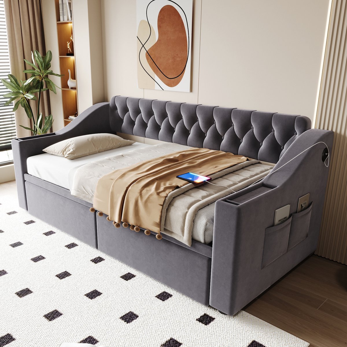 Wishdor Slaapbank Met Opberglades - Usb- En Type-C-Aansluiting - Fluwelen Bekleding - Grijs - 90 X 190 Cm