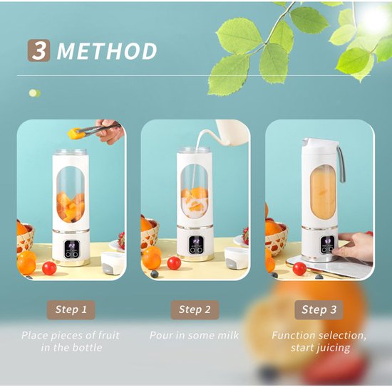 Draagbare blender met USB-aansluiting, geschikt voor het maken van smoothies en crèmes, voorzien van 12 vlijmscherpe messen, een compacte mengbeker van 450 ml en een sapcentrifugefunctie, wit. — afbeelding 3