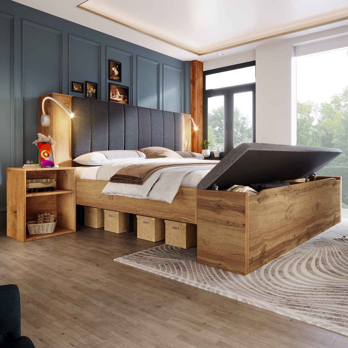 Wishdor Compleet Bed - 160x200 cm - Inclusief USB Leeslampen, 2 Nachtkastjes En Opbergbank