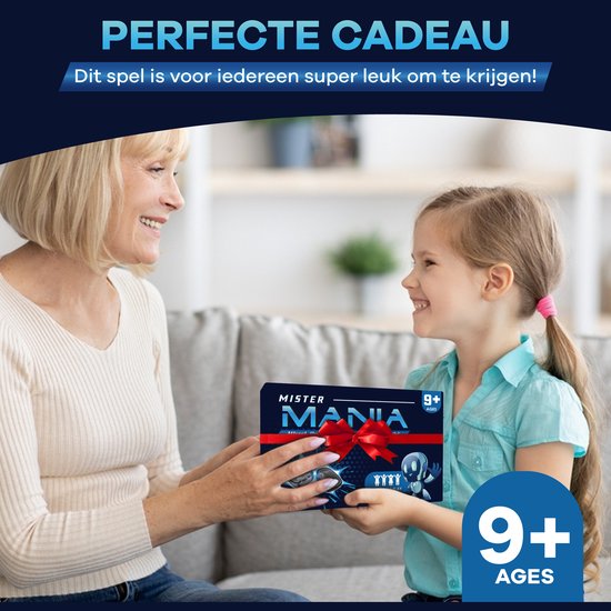 Oude vrouw geeft doos 'Mister Mania' aan jong meisje, met de tekst 'PERFECTE CADEAU' en '9+ AGES'.