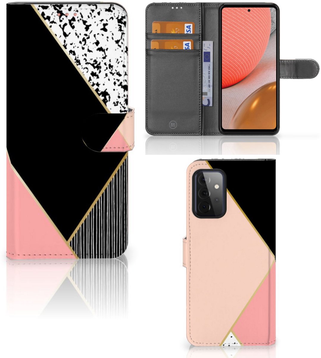 Samsung Galaxy A72 Book Case Zwart Roze Vormen