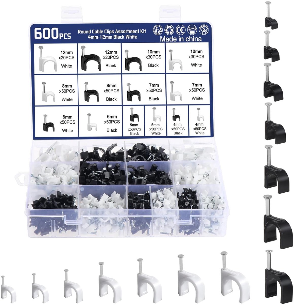Kabelclips met Spijkers - 600 Stuks, Diverse Maten en Kleuren voor Kabelbevestiging