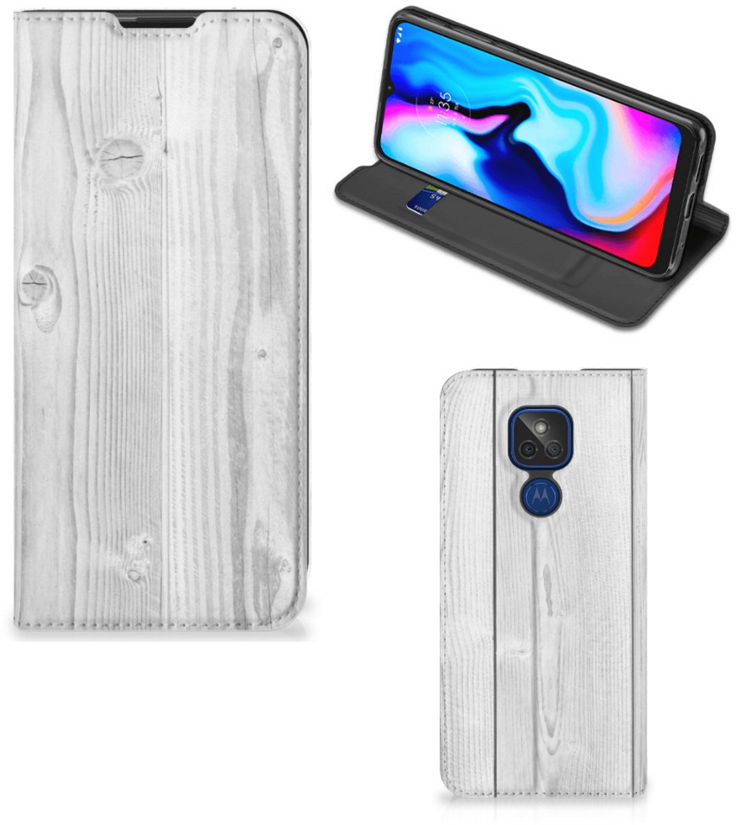 Motorola Moto G9 Play Book Wallet Case White Wood