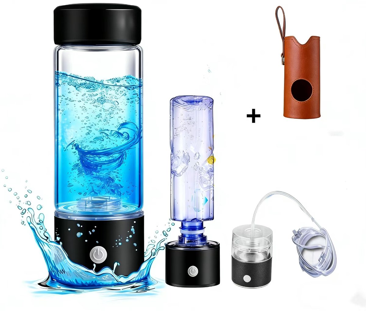 Waterstof Generator - Waterfles met Waterstoftherapie - 12000 PPB Waterstof - 3-in-1 Multifunctioneel- H2 + Hydrogeen generator- Draagbare Elektrische Waterfilterfles+Leren cuphoes