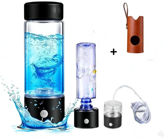 Set waterstofflessen: grote fles met wervelende waterstraal, kleinere generatorfles en waterstofafscheider met slang.