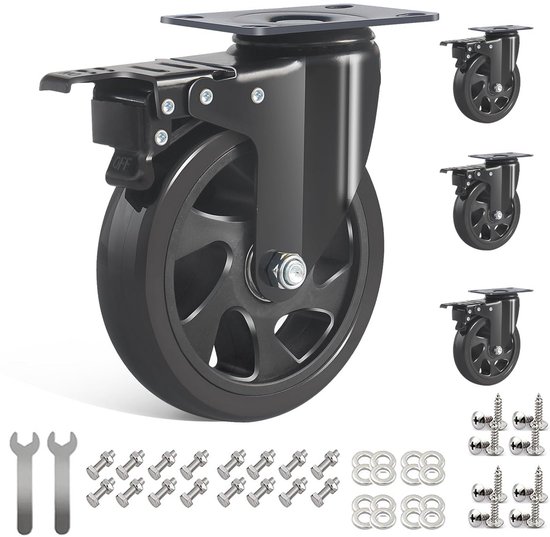 Zware Belastbare Zwenkwielen 125 mm met Rem - 4 Stuks Meubelwielen voor