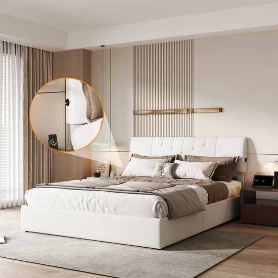 Lit de rangement 140x200 avec Vérins à gaz et Points de recharge – Lit deux places Tissu Teddy Crème/Blanc avec Tête de lit – Cadre de lit 140x200