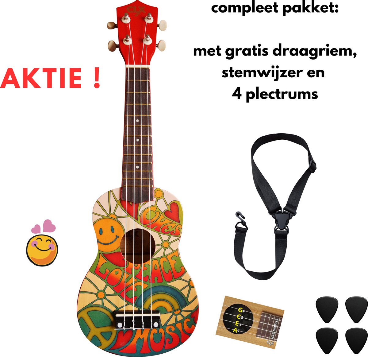 CLX Peace Ukulele Pakket – vrolijk, retro en speelklaar