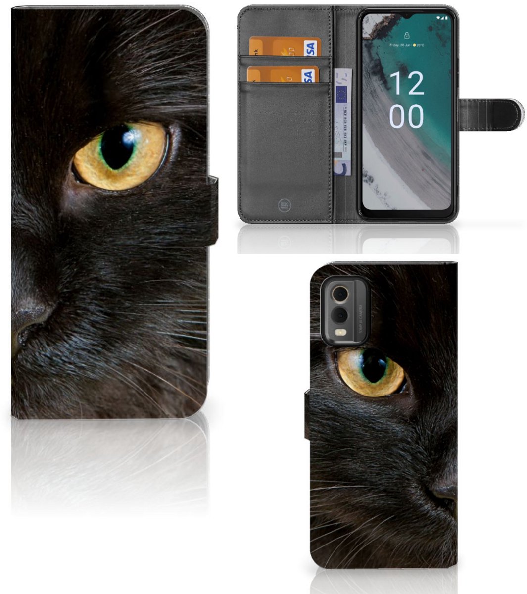 Nokia C32 Telefoonhoesje met Pasjes Zwarte Kat