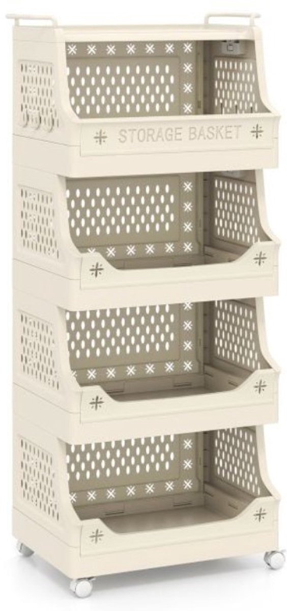 5-laags Rol bare Wasmand met Wielen - Plastic Opbergkar met Zijhaken - wit