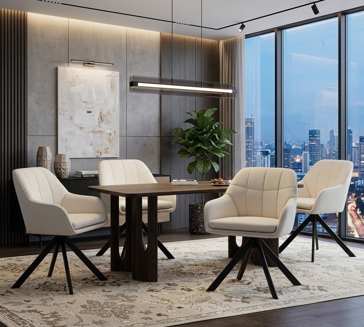Draaibare Eetkamerstoel Set van 2 – Ergonomische Comfort Stoelen met Armleuningen, Gestoffeerd Polyester, Metalen Poten – Beige – Novihome